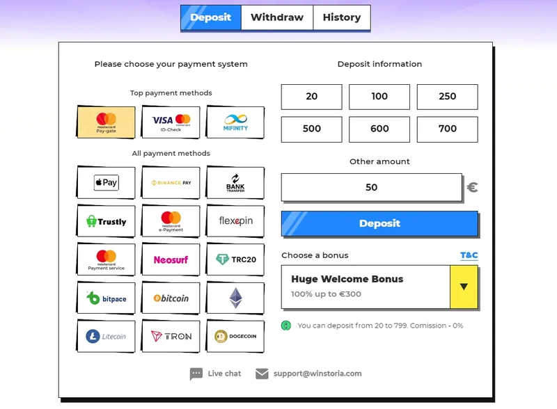 Insättningsmetoder på Casino Winstoria